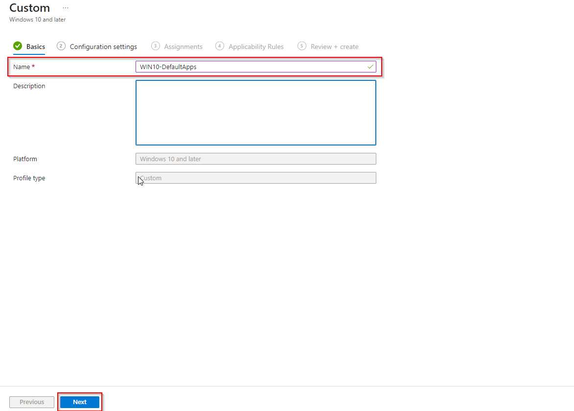 Configuration profile Basics tab with profile name